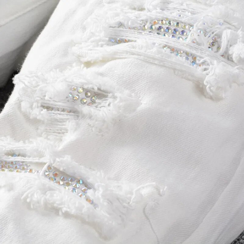 Rhinestone White Denim Pants Slim Fit