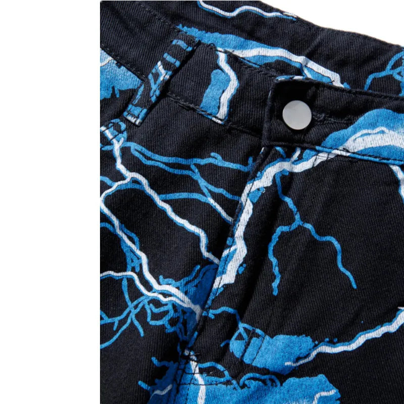 Lightning Print Straight Denim Jeans