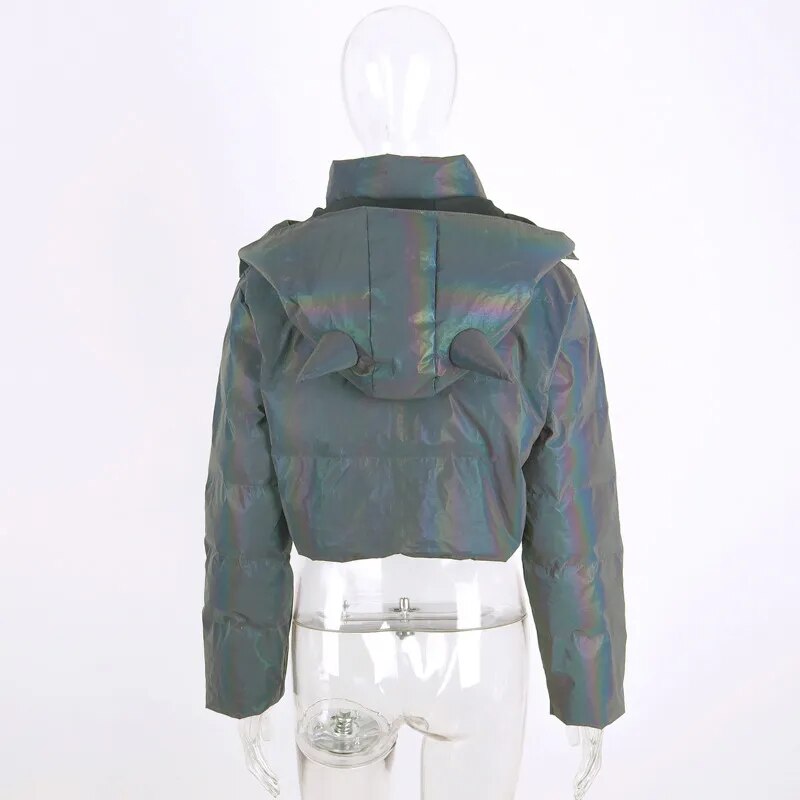 Womens Reflective Puffer Jacket w Horns