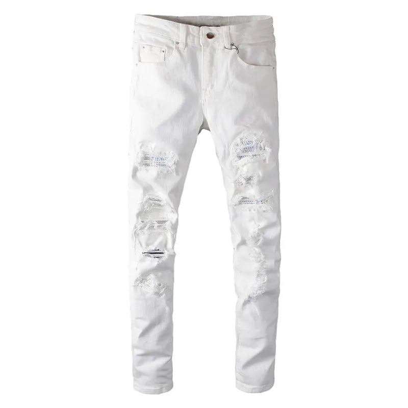 Rhinestone White Denim Pants Slim Fit