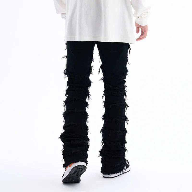 Striped Tassel Frayed Denim Jeans