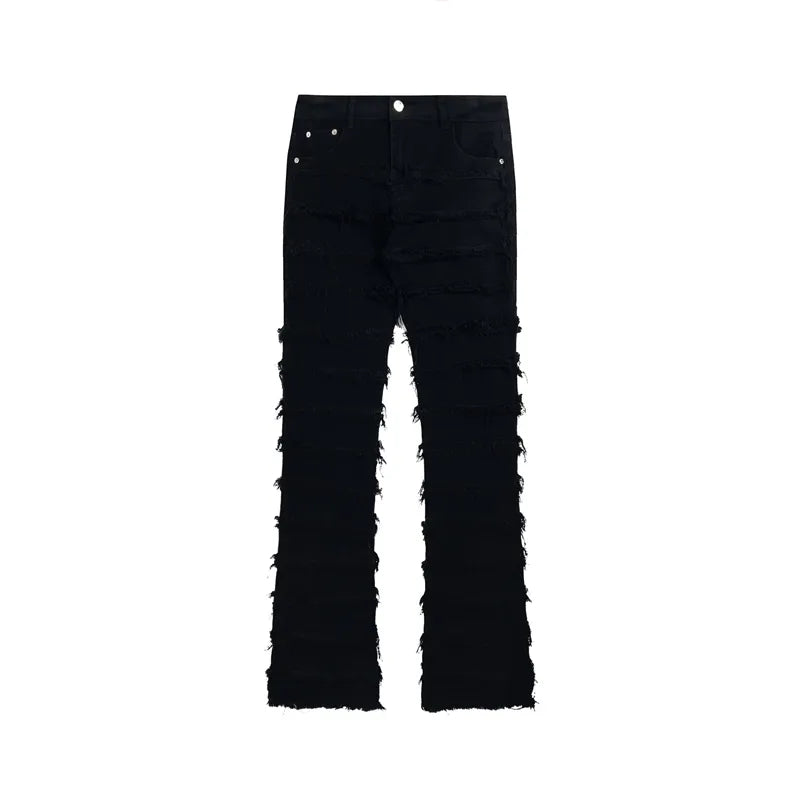 Striped Tassel Frayed Denim Jeans